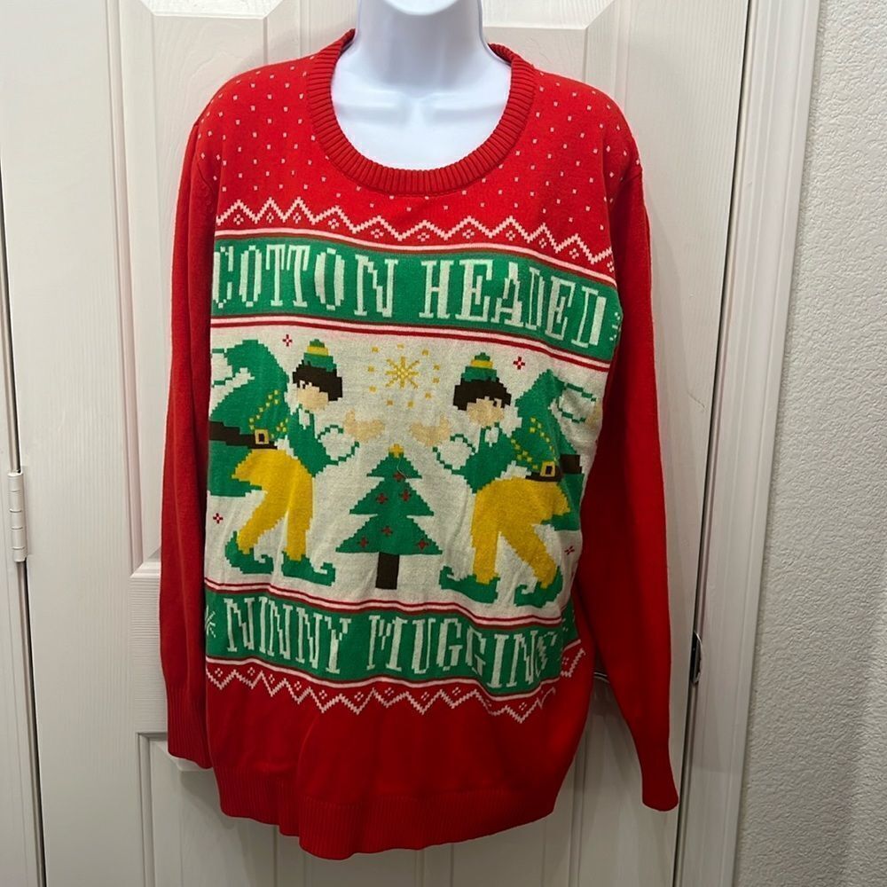 Elf Ugly Christmas Holiday Sweater XLarge Red Green Tree Crew Neck Long Sleeve